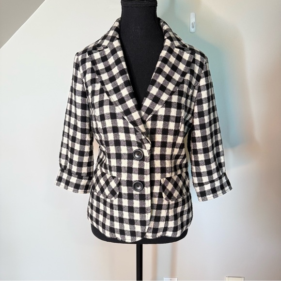BURLAPP ANTHROPOLOGIE Wool Checker Plaid Blazer Jacket Gingham 3/4 Sleeves Sz 8 - Picture 6 of 10